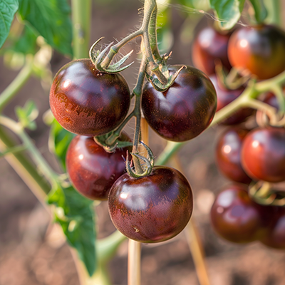Plants de tomates Snack Noires dans un jardin ensoleillé, variété de légume à peau sombre et goût doux